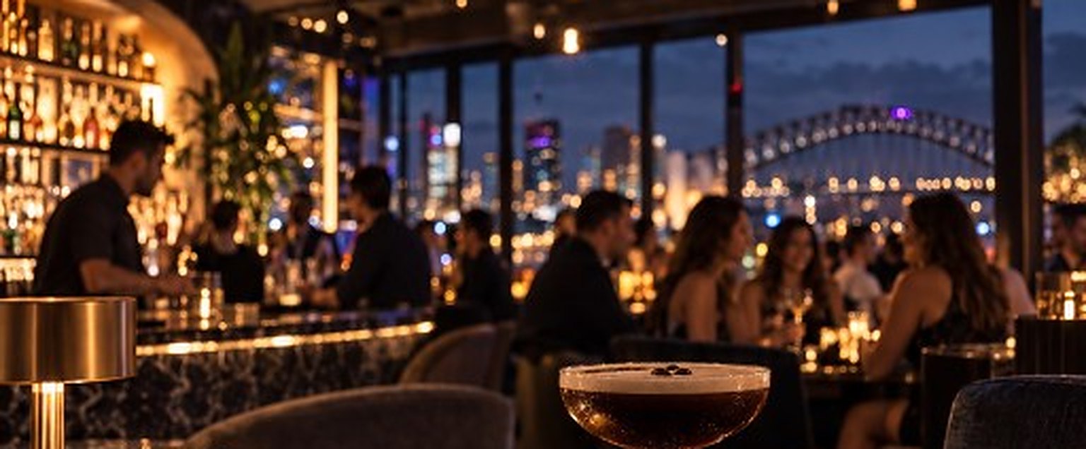 A full bar at dusk with the Sydney skyline through the windows