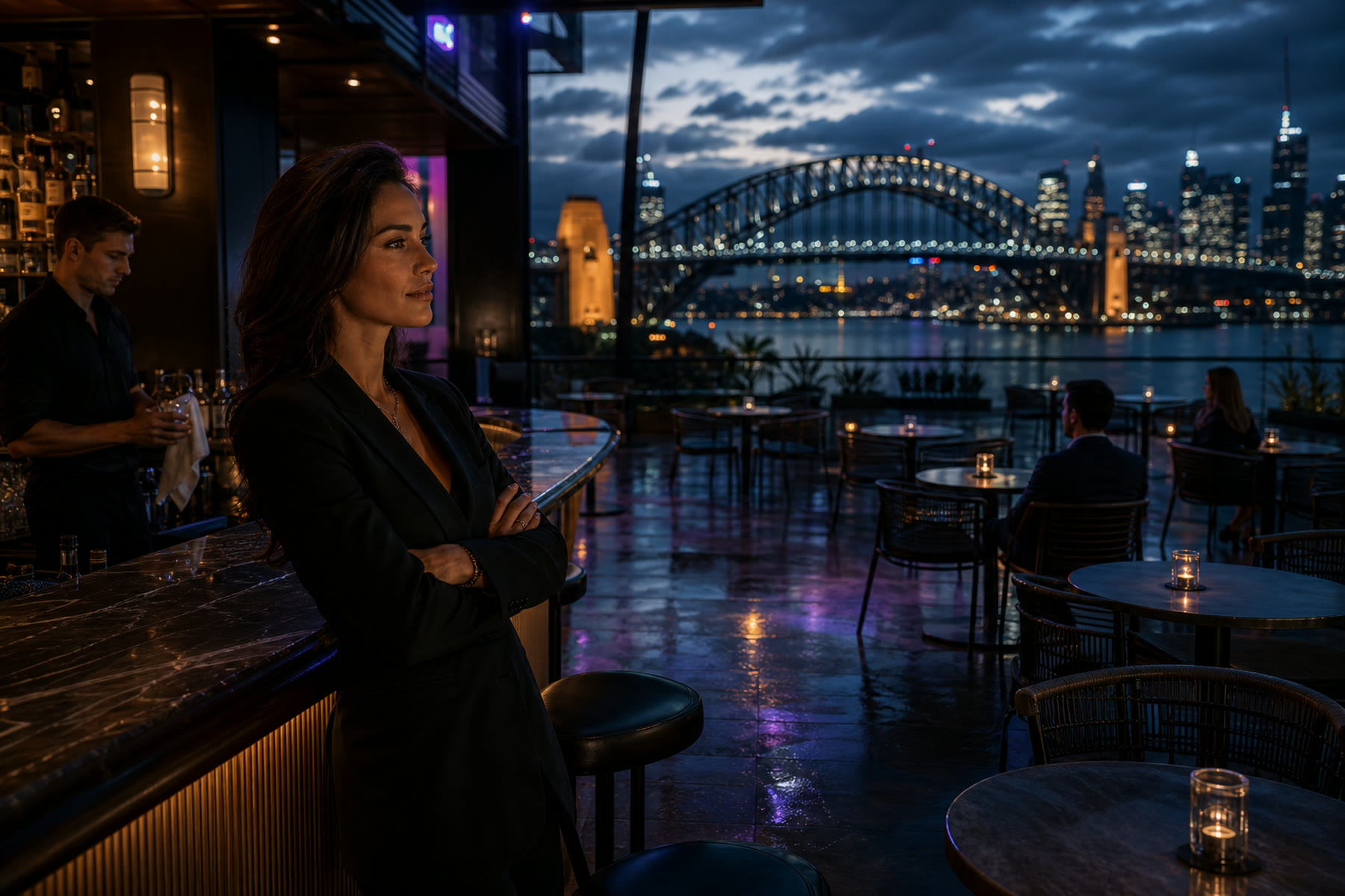 A quiet harbourside bar on a Tuesday evening with the Sydney Harbour Bridge behind it