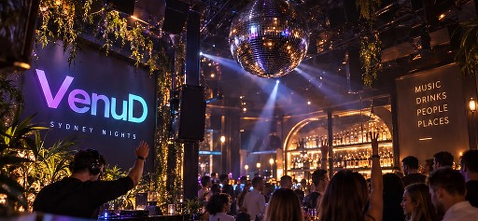 A packed room at night with a VenuD sign above the crowd