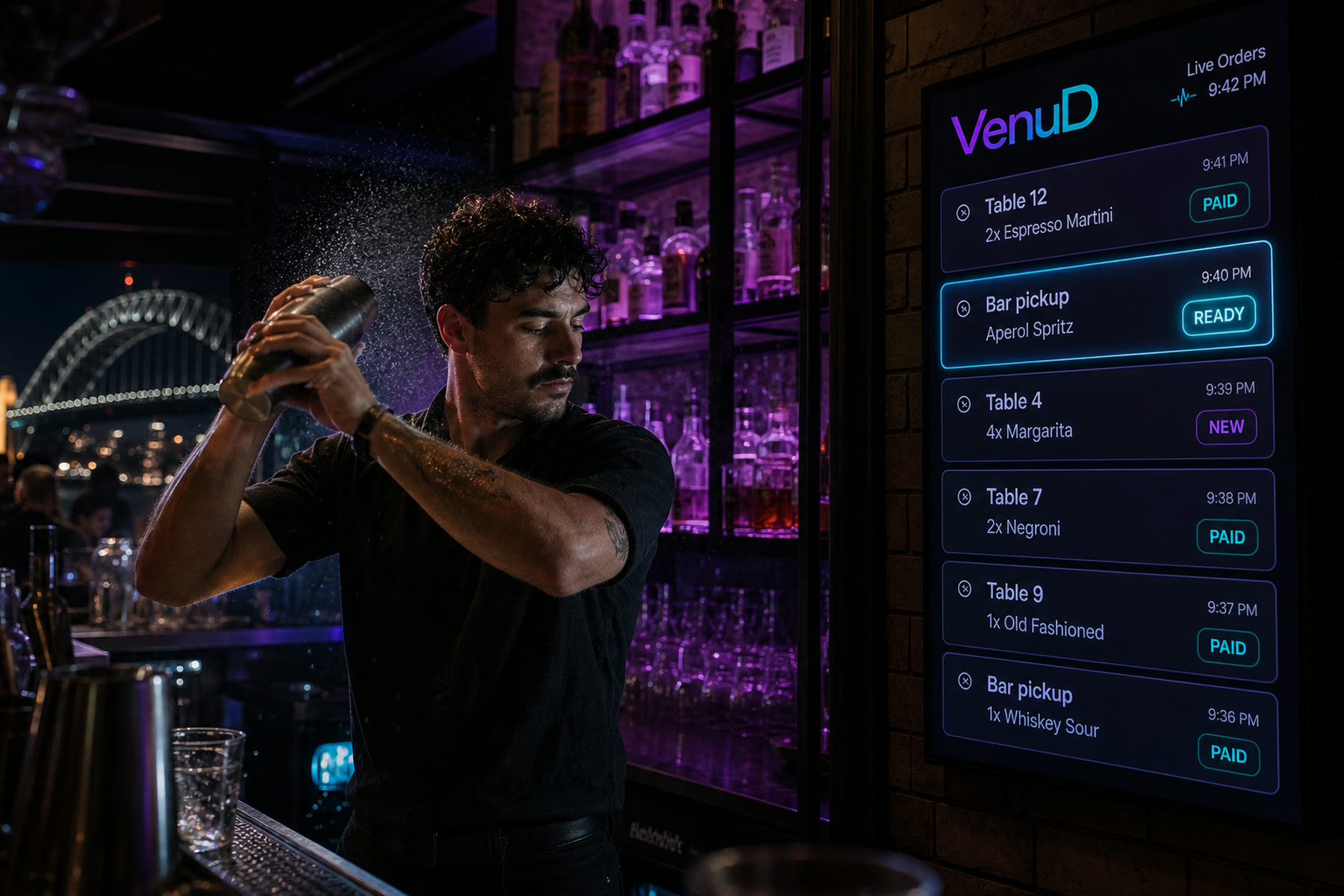 A bartender watching a live order queue on a tablet in a busy bar