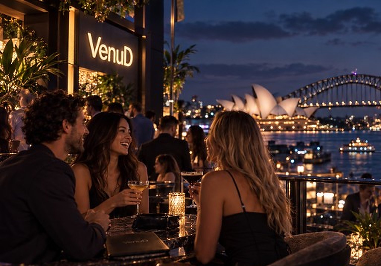 Friends at a harbourside rooftop table with the Sydney Harbour Bridge behind them