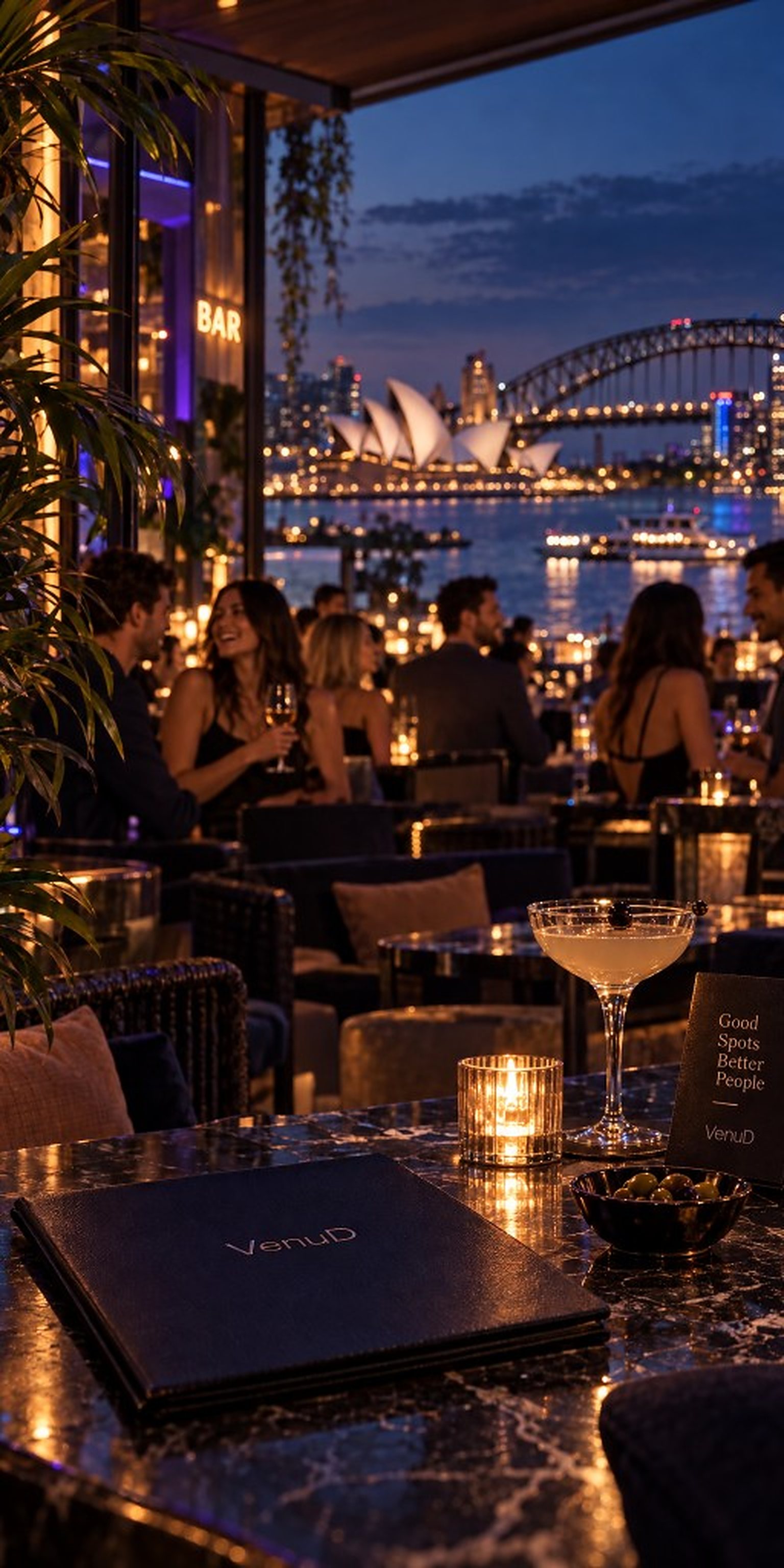 A marble table set with a VenuD menu, a candle and the harbour behind it
