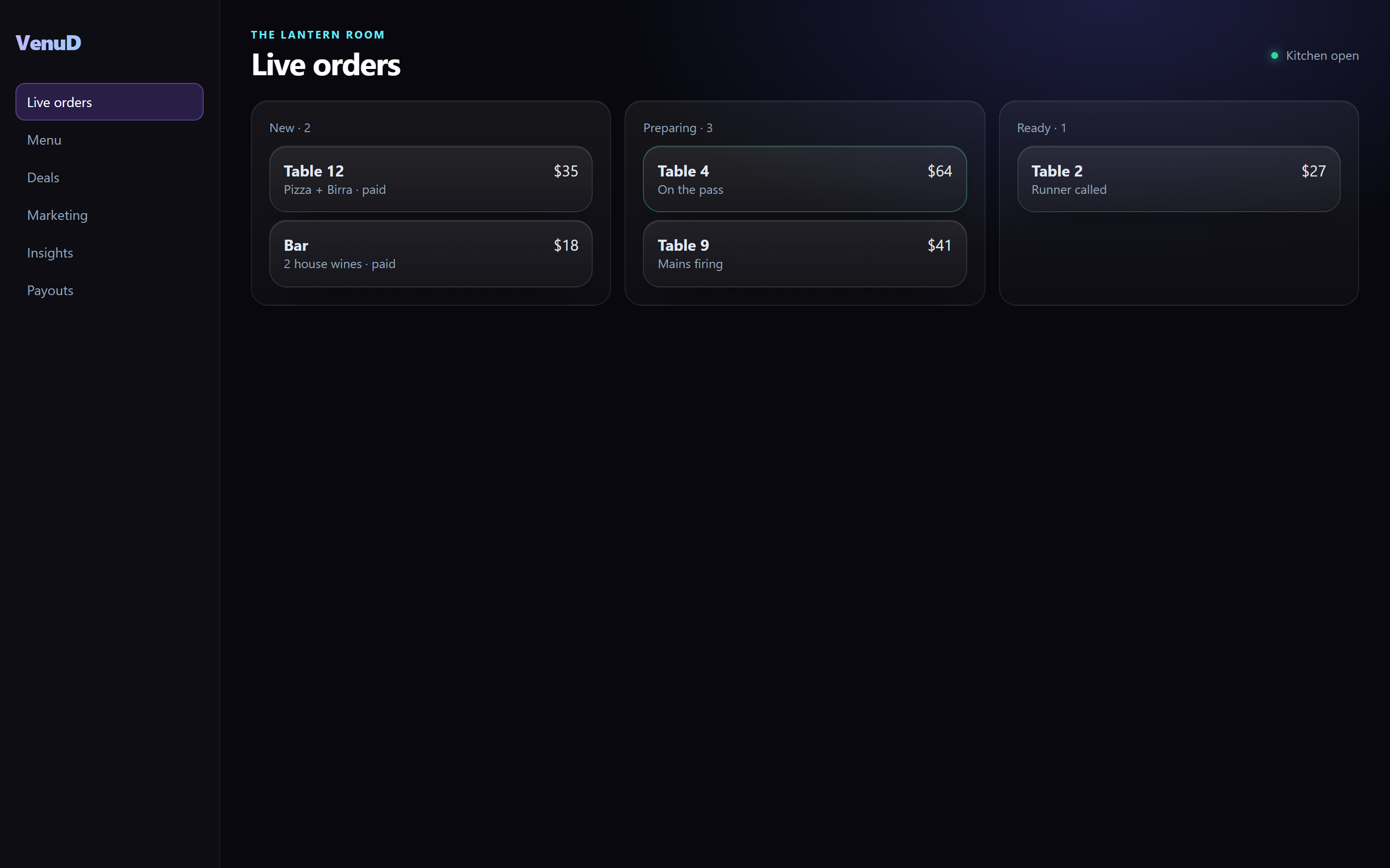 Live order queue split into new, preparing and ready