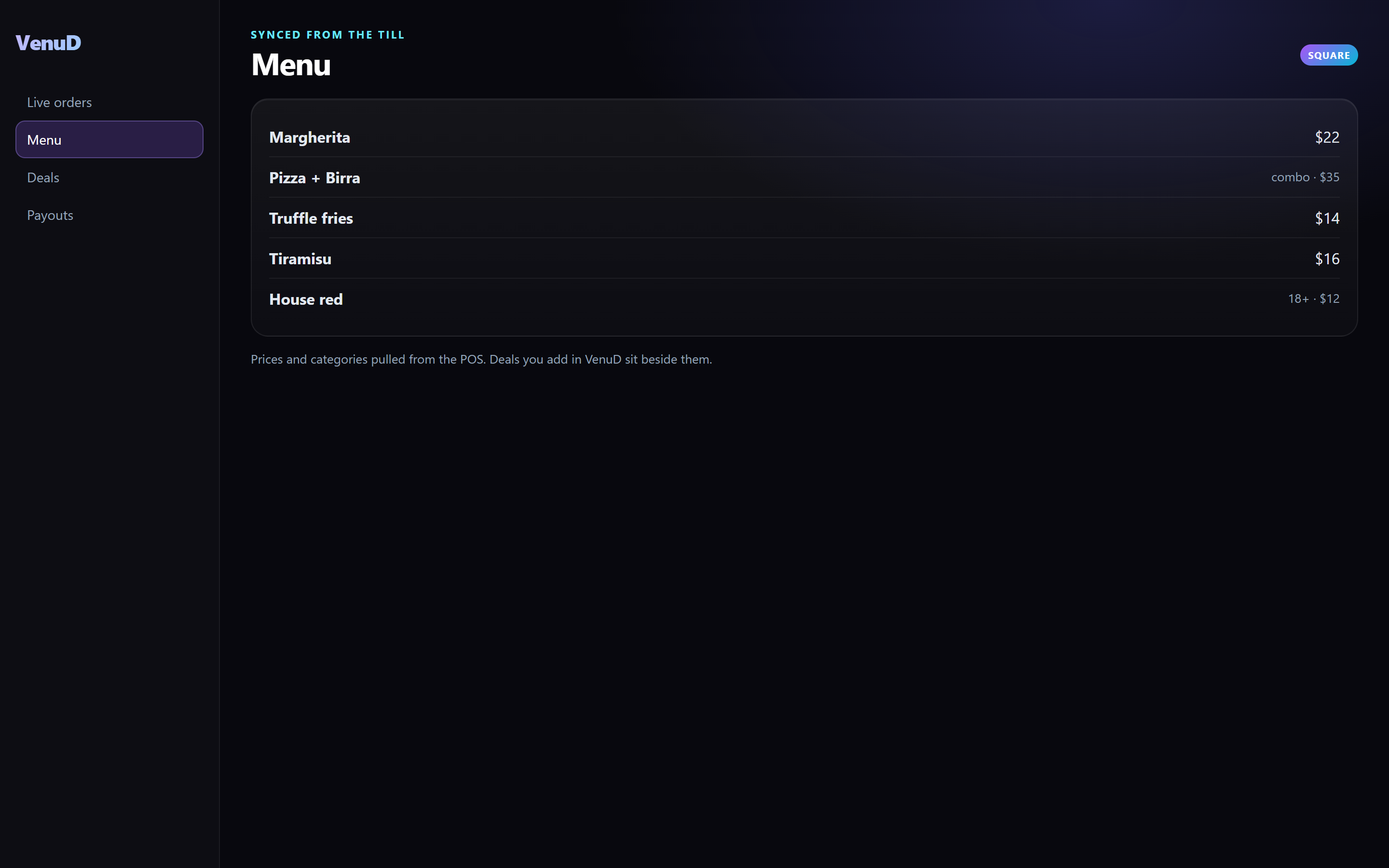 Menu manager showing items synced from the POS