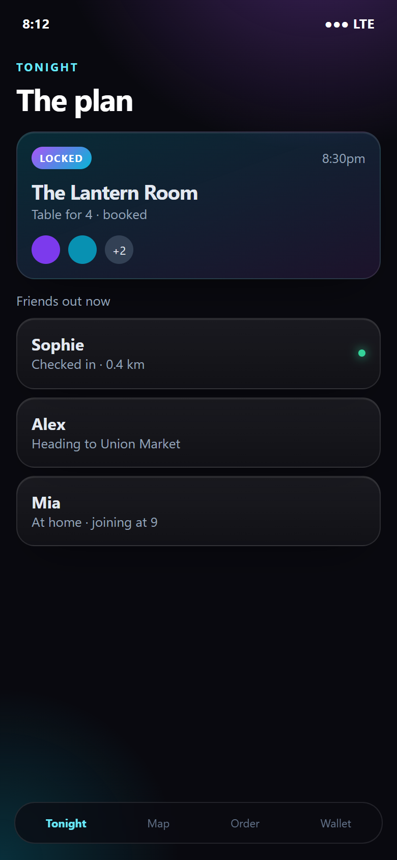 A plan for The Lantern Room with friends checked in