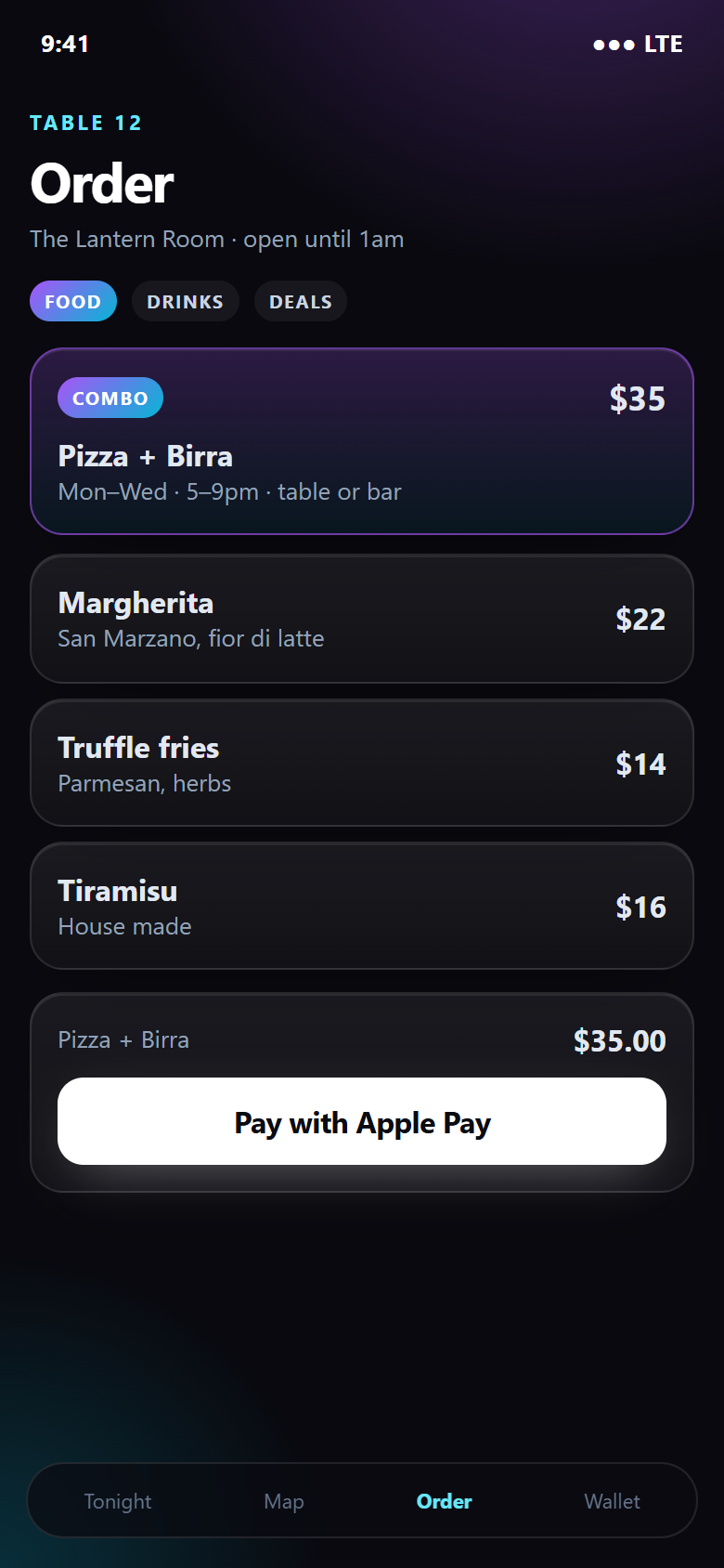 Table order with the Pizza + Birra combo